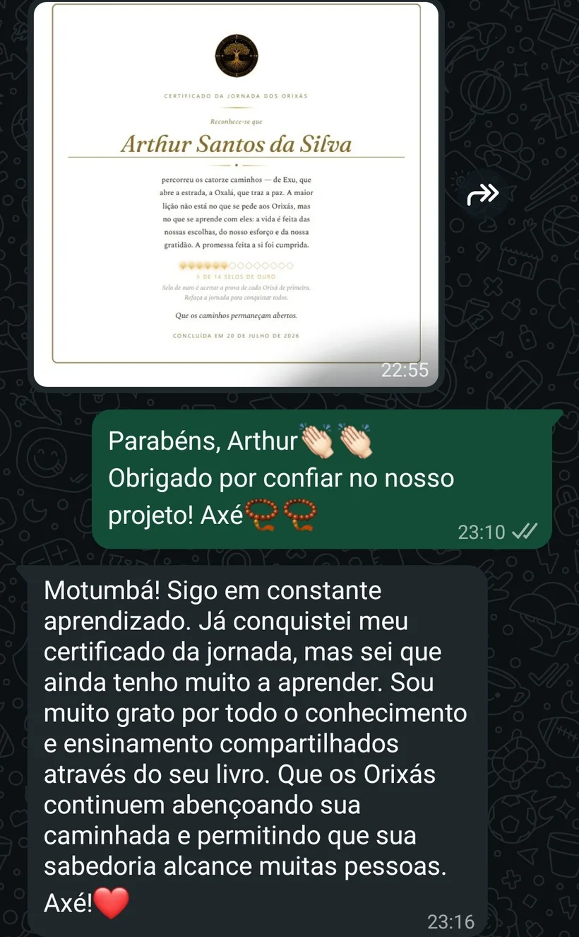 Print real do WhatsApp: aluno Arthur Santos da Silva enviou o certificado concluído da Jornada dos Orixás e agradeceu — 'Já conquistei meu certificado da jornada… sou muito grato por todo o conhecimento e ensinamento compartilhados através do seu livro. Axé!'