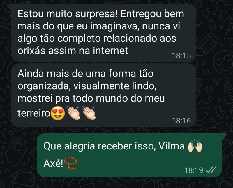 Print real do WhatsApp: 'Estou muito surpresa! Entregou bem mais do que eu imaginava, nunca vi algo tão completo relacionado aos orixás assim na internet. Mostrei pra todo mundo do meu terreiro' — Vilma